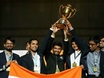Winner of Open category team India pose during a victory ceremony at the 45th Chess Olympiad in Budapest, Hungary, Sunday, Sept 22, 2024. (AP Photo/Denes Erdos)