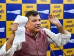 AAP leader Sanjay Singh addresses a press conference in New Delhi on Monday.
