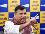AAP leader Sanjay Singh addresses a press conference in New Delhi on Monday.