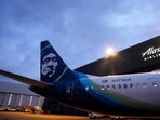 An Alaska Airlines Boeing 737 Max 9 awaits inspection at the airline's hangar at Seattle-Tacoma International Airport.