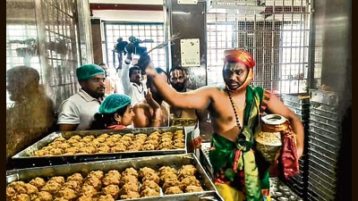 A priest performs the purification ritual 'Shanti Homam Panchagavya Prokshana' to undo the alleged desecrations that occurred at Sri Venkateswara Swamy Temple during YSRCP government, at Tirumala in Tirupati district, Andhra Pradesh, on Monday. (PTI) A priest performs the purification ritual 'Shanti Homam Panchagavya Prokshana' to undo the alleged desecrations that occurred at Sri Venkateswara Swamy Temple during YSRCP government, at Tirumala in Tirupati district, Andhra Pradesh, on Monday. (PTI)