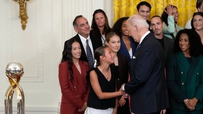 Joe Biden shook hands with several young girls at the event honoring the Gotham FC women’s soccer team. (AP) Joe Biden shook hands with several young girls at the event honoring the Gotham FC women’s soccer team. (AP)