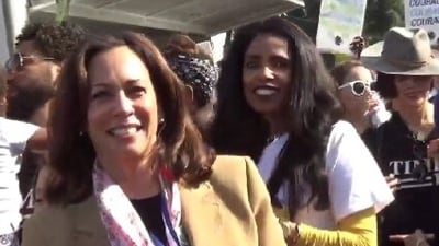Kamala Harris shouted “Down with deportation!” with demonstrators at a 2018 parade in Los Angeles. (X) Kamala Harris shouted “Down with deportation!” with demonstrators at a 2018 parade in Los Angeles. (X)