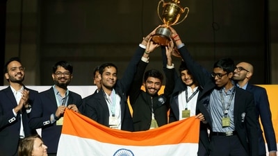 Winner of Open category team India pose during a victory ceremony at the 45th Chess Olympiad in Budapest, Hungary, Sunday, Sept 22, 2024. (AP Photo/Denes Erdos) (AP) Winner of Open category team India pose during a victory ceremony at the 45th Chess Olympiad in Budapest, Hungary, Sunday, Sept 22, 2024. (AP Photo/Denes Erdos) (AP)