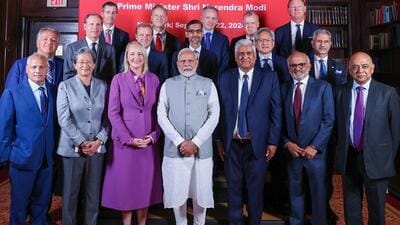 Indian Prime Minister Narendra Modi in a group picture with tech CEOs after a roundtable meeting, in New York on Sunday. (ANI) Indian Prime Minister Narendra Modi in a group picture with tech CEOs after a roundtable meeting, in New York on Sunday. (ANI)
