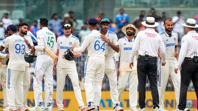 Indian players celebrate their win against Bangladesh in the first Test cricket match at M. A. Chidambaram Stadium, in Chennai, Sunday, Sept. 22, 2024. India lead the series 1-0 (PTI) Indian players celebrate their win against Bangladesh in the first Test cricket match at M. A. Chidambaram Stadium, in Chennai, Sunday, Sept. 22, 2024. India lead the series 1-0 (PTI)