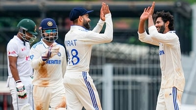 India's Ravindra Jadeja with teammates celebrates the dismissal of Bangladesh's Najmul Hossain Shanto on the fourth day of the first Test cricket match between India and Bangladesh, at MA Chidambaram Stadium (PTI) India's Ravindra Jadeja with teammates celebrates the dismissal of Bangladesh's Najmul Hossain Shanto on the fourth day of the first Test cricket match between India and Bangladesh, at MA Chidambaram Stadium (PTI)