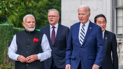 Indian Prime Minister Narendra Modi, Australia's Prime Minister Anthony Albanese, US President Joe Biden and Japan's Prime Minister Fumio Kishida at the Quad Leaders Summit at Archmere Academy in Claymont, Delaware, USA, Saturday. (PTI) Indian Prime Minister Narendra Modi, Australia's Prime Minister Anthony Albanese, US President Joe Biden and Japan's Prime Minister Fumio Kishida at the Quad Leaders Summit at Archmere Academy in Claymont, Delaware, USA, Saturday. (PTI)