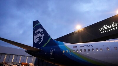 An Alaska Airlines Boeing 737 Max 9 awaits inspection at the airline's hangar at Seattle-Tacoma International Airport. (AP)