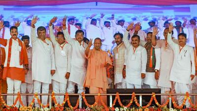 Uttar Pradesh chief minister Yogi Adityanath and other leaders at an event in Mirzapur on Monday. (PTI PHOTO) Uttar Pradesh chief minister Yogi Adityanath and other leaders at an event in Mirzapur on Monday. (PTI PHOTO)
