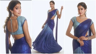 Janhvi Kapoor's Devara: Part 1 promotional looks are all about apsaracore, and her latest look is no exception as she rocks an ethereal six yards. Her saree, in a two-toned blue shade and shimmer fabric, is a must-bookmark for this festive season. (Instagram/@janhvikapoor) Janhvi Kapoor's Devara: Part 1 promotional looks are all about apsaracore, and her latest look is no exception as she rocks an ethereal six yards. Her saree, in a two-toned blue shade and shimmer fabric, is a must-bookmark for this festive season. (Instagram/@janhvikapoor)