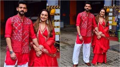 Sonakshi Sinha and Zaheer Iqbal serve up couple fashion goals in coordinated red ensembles. Sonakshi rocked an anarkali while Zaheer looked dapper in a red kurta paired with an embellished jacket. (HT photo/VarinderChawla) Sonakshi Sinha and Zaheer Iqbal serve up couple fashion goals in coordinated red ensembles. Sonakshi rocked an anarkali while Zaheer looked dapper in a red kurta paired with an embellished jacket. (HT photo/VarinderChawla)