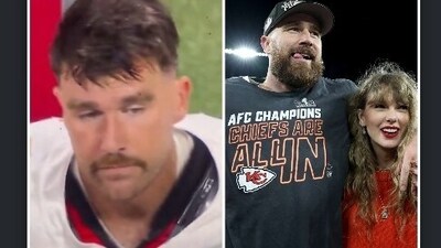 Travis Kelce and Taylor Swift's fans expressed worries after “Catching Kelce” appeared downcast in viral video during the Kansas City Chiefs game against the Atlanta Falcons Sunday night. (X/AP) Travis Kelce and Taylor Swift's fans expressed worries after “Catching Kelce” appeared downcast in viral video during the Kansas City Chiefs game against the Atlanta Falcons Sunday night. (X/AP)
