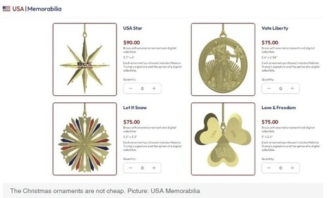 Melania Trump has started selling Christmas ornaments. Melania Trump has started selling Christmas ornaments.