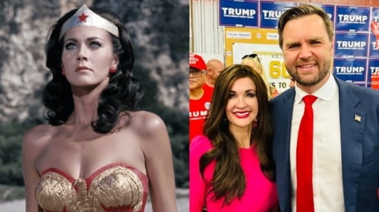(Left): Wonder Woman star Lynda Carter; (Right): Pamela Carter with Republican vice presidential candidate JD Vance. (X)