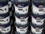 Cans of Dulux paint, an AkzoNobel brand, are seen on the shelf of a DIY retail store in Manchester, Britain.