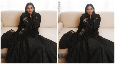 For her look, Sonam opted for a stunning black ensemble from Dior, featuring a ruffled-sleeve maxi dress with a voluminous balloon hemline. She paired it with a matching, waist-cinching corset that accentuated her figure beautifully. (Instagram/@rheakapoor)