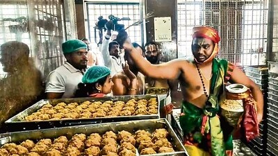 A priest performs the purification ritual 'Shanti Homam Panchagavya Prokshana' to undo the alleged desecrations that occurred at Sri Venkateswara Swamy Temple during YSRCP government, at Tirumala in Tirupati district, Andhra Pradesh, on Monday. (PTI) A priest performs the purification ritual 'Shanti Homam Panchagavya Prokshana' to undo the alleged desecrations that occurred at Sri Venkateswara Swamy Temple during YSRCP government, at Tirumala in Tirupati district, Andhra Pradesh, on Monday. (PTI)