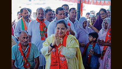 BJP candidate Shakti Rani greeting public. (HT Photo)