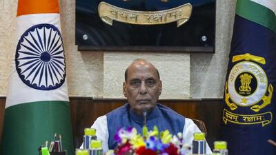 Defence minister Rajnath Singh during the 41st Coast Guard Commanders' Conference in Delhi on Tuesday. (PTI) Defence minister Rajnath Singh during the 41st Coast Guard Commanders' Conference in Delhi on Tuesday. (PTI)
