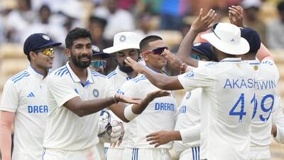 Jasprit Bumrah celebrates with teammates during the first Test against Bangladesh. (AP) Jasprit Bumrah celebrates with teammates during the first Test against Bangladesh. (AP)