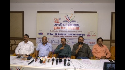 Officials addressing media persons ahead of National Book Fair on Tuesday. (HT Photo) Officials addressing media persons ahead of National Book Fair on Tuesday. (HT Photo)