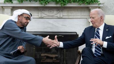 UAE President Sheikh Mohamed bin Zayed Al Nahyan shakes hands with US President Joe Biden during a meeting in the Oval Office of the White House on Monday. (AFP) UAE President Sheikh Mohamed bin Zayed Al Nahyan shakes hands with US President Joe Biden during a meeting in the Oval Office of the White House on Monday. (AFP)