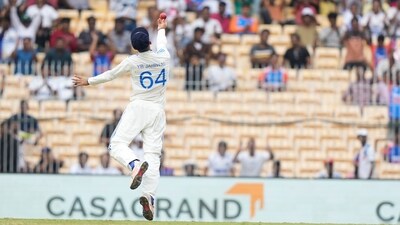 India's Yashasvi Jaiswal celebrates after taking the catch of Bangladesh's Zakir Hasan on the third day of the first Test. (AP)
