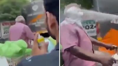 In the viral video, the Youtuber and his friend on the bike laugh and keep spraying the foam on the elderly man's face. (X/@akashyadavy2001) In the viral video, the Youtuber and his friend on the bike laugh and keep spraying the foam on the elderly man's face. (X/@akashyadavy2001)