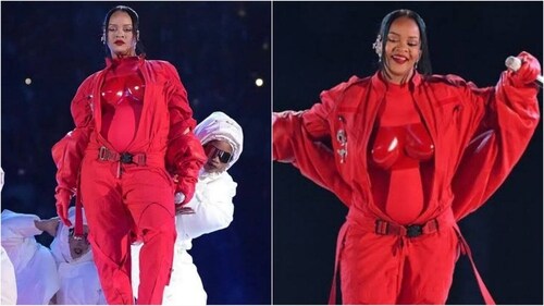 Rihanna rocked a cropped red breastplate with matching jumpsuit. (Instagram) Rihanna rocked a cropped red breastplate with matching jumpsuit. (Instagram)