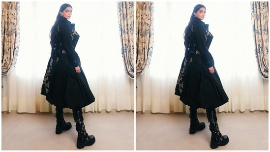 To add some contrast, she wore a half-floral embroidered jacket and thigh-high shiny boots that perfectly complemented her chic look.(Instagram/@rheakapoor)
