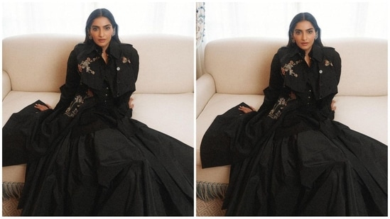 For her look, Sonam opted for a stunning black ensemble from Dior, featuring a ruffled-sleeve maxi dress with a voluminous balloon hemline. She paired it with a matching, waist-cinching corset that accentuated her figure beautifully.(Instagram/@rheakapoor)