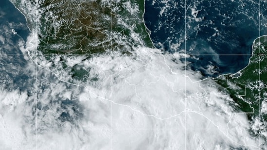 This National Oceanic and Atmospheric Administration satellite image taken at 6:10pm ET shows Hurricane John near southern Mexico on Monday, Sept. 23, 2024. (NOAA via AP) (AP)