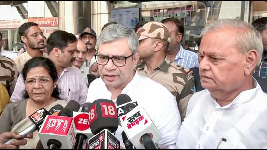 Union railway minister Ashwini Vaishnaw interacts with media persons in Jaipur on Tuesday. (ANI Photo)