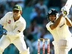 VVS Laxman (L) drives as Australian wicketkeeper Adam Gilchrist (L) looks on, on the first day of the fourth Test Match against India in Sydney 02 January 2004. VVS Laxman (L) drives as Australian wicketkeeper Adam Gilchrist (L) looks on, on the first day of the fourth Test Match against India in Sydney 02 January 2004.