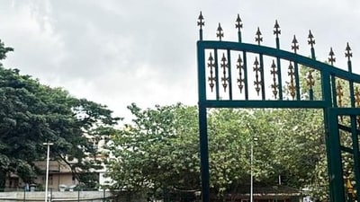 A view of the BBMP school ground after its gate broke and fell on the head of a student leading to his death, in Malleshwaram in Bengaluru on Monday. (ANI)