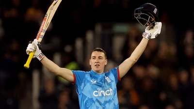 England's Harry Brook celebrates after reaching his century against Australia (Action Images via Reuters)