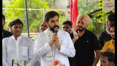 Congress candidate Aditya Surjewala addressing a gathering in Kaithal during his poll campaign. Congress candidate Aditya Surjewala addressing a gathering in Kaithal during his poll campaign.