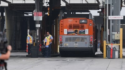 A bus was hijacked by an armed subject with passengers on board Wednesday, Sept. 25, 2024, in Los Angeles. One person was fatally shot before police apprehended the suspect (AP) A bus was hijacked by an armed subject with passengers on board Wednesday, Sept. 25, 2024, in Los Angeles. One person was fatally shot before police apprehended the suspect (AP)