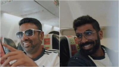Jasprit Bumrah (R) pulls R Ashwin's leg during flight to Kanpur (X/BCCI) Jasprit Bumrah (R) pulls R Ashwin's leg during flight to Kanpur (X/BCCI)