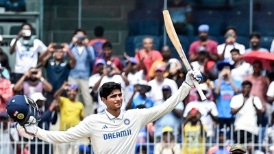Shubman Gill celebrates his century during Day 3 of the first test match against Bangladesh, at MA Chidambaram Stadium in Chennai on Saturday. (ANI)