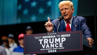 Republican presidential nominee, former U.S. President Donald Trump speaks at a campaign rally at the Johnny Mercer Theatre on September 24, 2024 in Savannah, Georgia. (Photo by Brandon Bell / GETTY IMAGES NORTH AMERICA / Getty Images via AFP) (Getty Images via AFP)