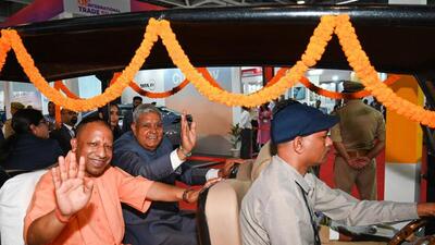 Uttar Pradesh chief minister Yogi Adityanath and Vice President Jagdeep Dhankhar at the UP International Trade Show in Greater Noida on Wednesday. (HT Photo) Uttar Pradesh chief minister Yogi Adityanath and Vice President Jagdeep Dhankhar at the UP International Trade Show in Greater Noida on Wednesday. (HT Photo)