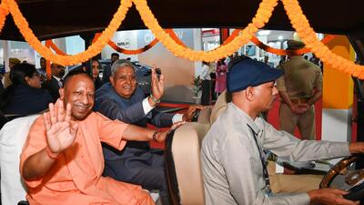 Vice-president Jagdeep Dhankhar and Uttar Pradesh chief minister Yogi Adityanath (in saffron robe) during the inauguration ceremony of UP International Trade Show at India Expo Mart, in Greater Noida, on Wednesday. (Sunil Ghosh/HT Photo) Vice-president Jagdeep Dhankhar and Uttar Pradesh chief minister Yogi Adityanath (in saffron robe) during the inauguration ceremony of UP International Trade Show at India Expo Mart, in Greater Noida, on Wednesday. (Sunil Ghosh/HT Photo)
