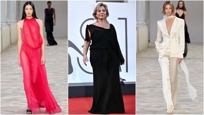 Italian designer Alberta Ferretti (centre), models wear creations as part of the Alberta Ferretti Spring Summer 2025 collection in Milan. (AP ) Italian designer Alberta Ferretti (centre), models wear creations as part of the Alberta Ferretti Spring Summer 2025 collection in Milan. (AP )