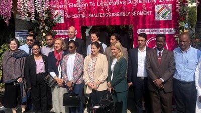 A delegation of diplomats from various countries at a polling booth in Budgam area to witness the polling process. (HT photo)