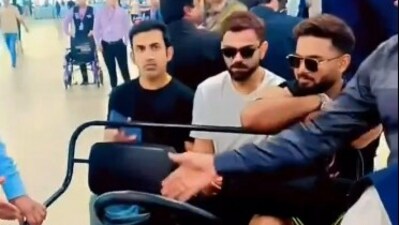 Gautam Gambhir (L), Virat Kohli (C), and Rishabh Pant taking a buggy ride (X)