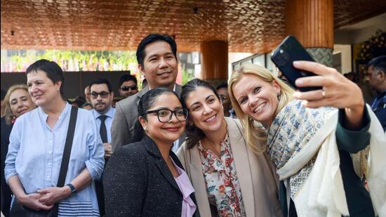 Foreign diplomats pose for a selfie during their visit to the polling station during J&K assembly elections in Srinagar. (ANI)