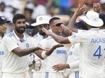 Jasprit Bumrah celebrates with teammates during the first Test against Bangladesh. Jasprit Bumrah celebrates with teammates during the first Test against Bangladesh.