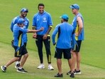 Indian captain Rohit Sharma, head coach Gautam Gambhir, spinner Ravichandran Ashwin and bowling coach Morne Morkel during a practice session.